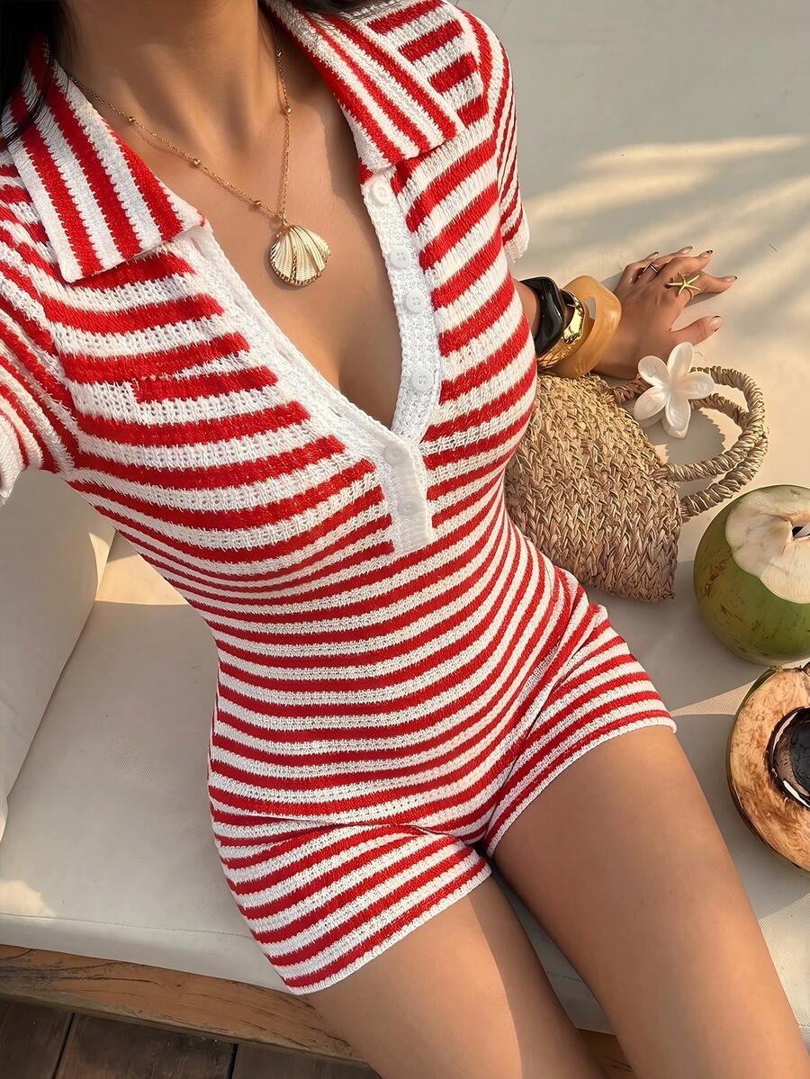 Sunnyshic Red Striped Knit Fabric Collared Half-Zip Button Short Sleeve Bodycon Jumpsuit, Women Spring/Summer Retro Vacation Casual Minimalist Commute Everyday Versatile - Red - View 1