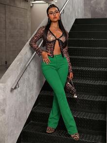 SHEIN Tall Mid-Rise Skinny Flare Jeans - Green - View 3
