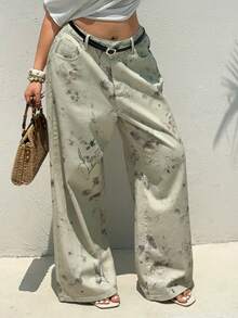 Dazy Plus Fully Allover Print Washed Korean Style Loose Casual Jeans, Plus Size Women Spring/Summer - Apricot - View 5