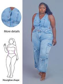 CurvyTilda Áo vest denim bó màu xanh đậm cỡ lớn cho nữ - Rửa trung bình - Xem 1