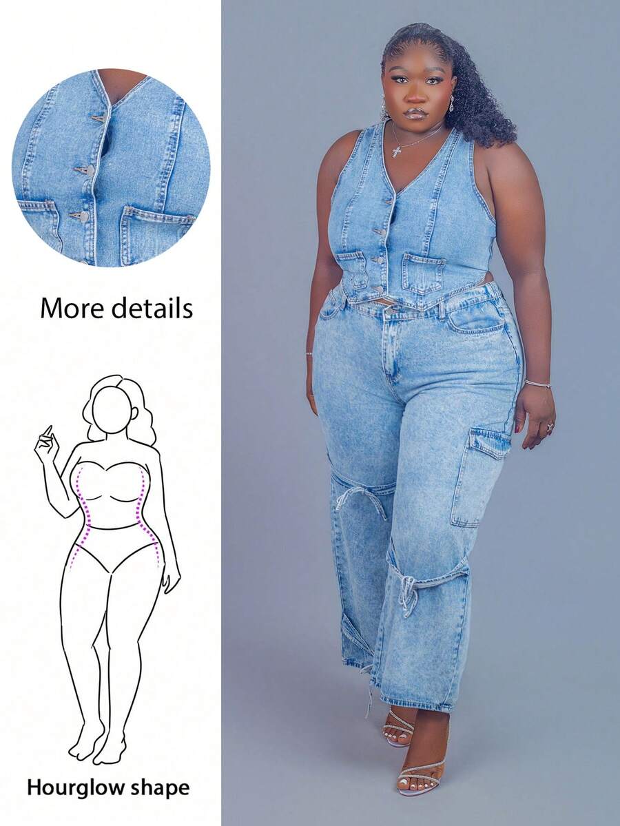 CurvyTilda Áo vest denim bó màu xanh đậm cỡ lớn cho nữ - Rửa trung bình - Xem 1