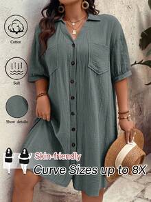 SHEIN CURVE+ Đầm midi dáng suông, màu trơn, chất liệu cotton nguyên chất, dành cho nữ cỡ lớn, thanh lịch, thích hợp mặc hàng ngày, cài cúc phía trước, tay phồng, có túi, cổ chữ V, thích hợp cho mùa hè. - Màu xanh bụi bặm - Xem 1