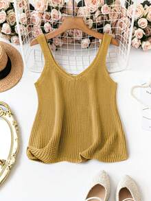 SHEIN Clasi Plus Size Solid Color Minimalist Sleeveless Knit Top - Mustard Yellow - View 1