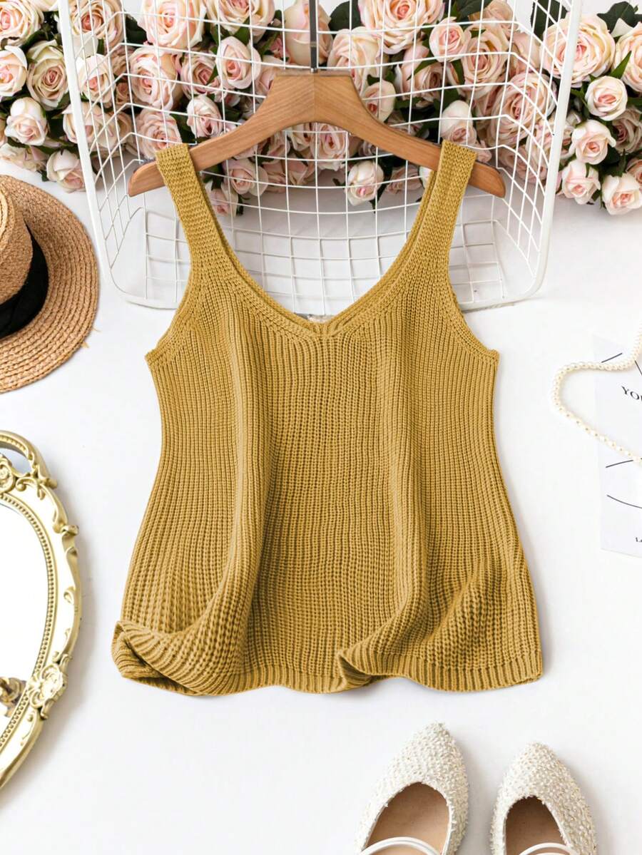 SHEIN Clasi Plus Size Solid Color Minimalist Sleeveless Knit Top - Mustard Yellow - View 1