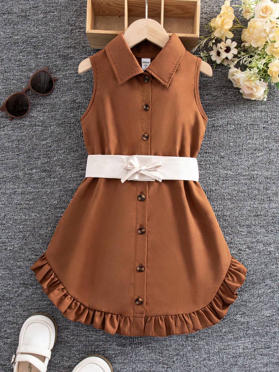 SHEIN Vestido camisero con cinturón, estilo occidental, con volantes y pretina para niña, para primavera/verano, vacaciones, verano, viajes - Marrón - Ver 1