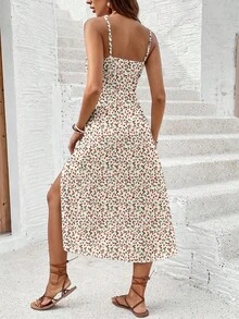 SHEIN Frenchy Đầm hoa nhí xẻ cao, dài ngang gối, thích hợp cho kỳ nghỉ hè, dành cho nữ. Trang phục đi nghỉ mát cho nữ. - Nhiều màu - Xem 3