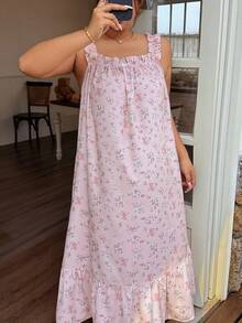 Napfluff CURVE Napfluff CURVE Plus Size Loose Floral Ruffle Hem Nightgown, Women Loose Sleepwear - Pink - View 5