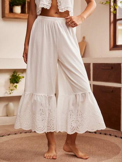 Lullawish Quần pajama nữ phong cách Bohemian dáng rộng, chất liệu cotton dệt họa tiết chắp vá, thêu ren rỗng và viền bèo nhún.