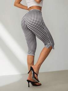 SHEIN PETITE Quần legging nữ kẻ caro dệt kim, bản rộng 5 inch, có chun co giãn. - màu đen - Xem 2