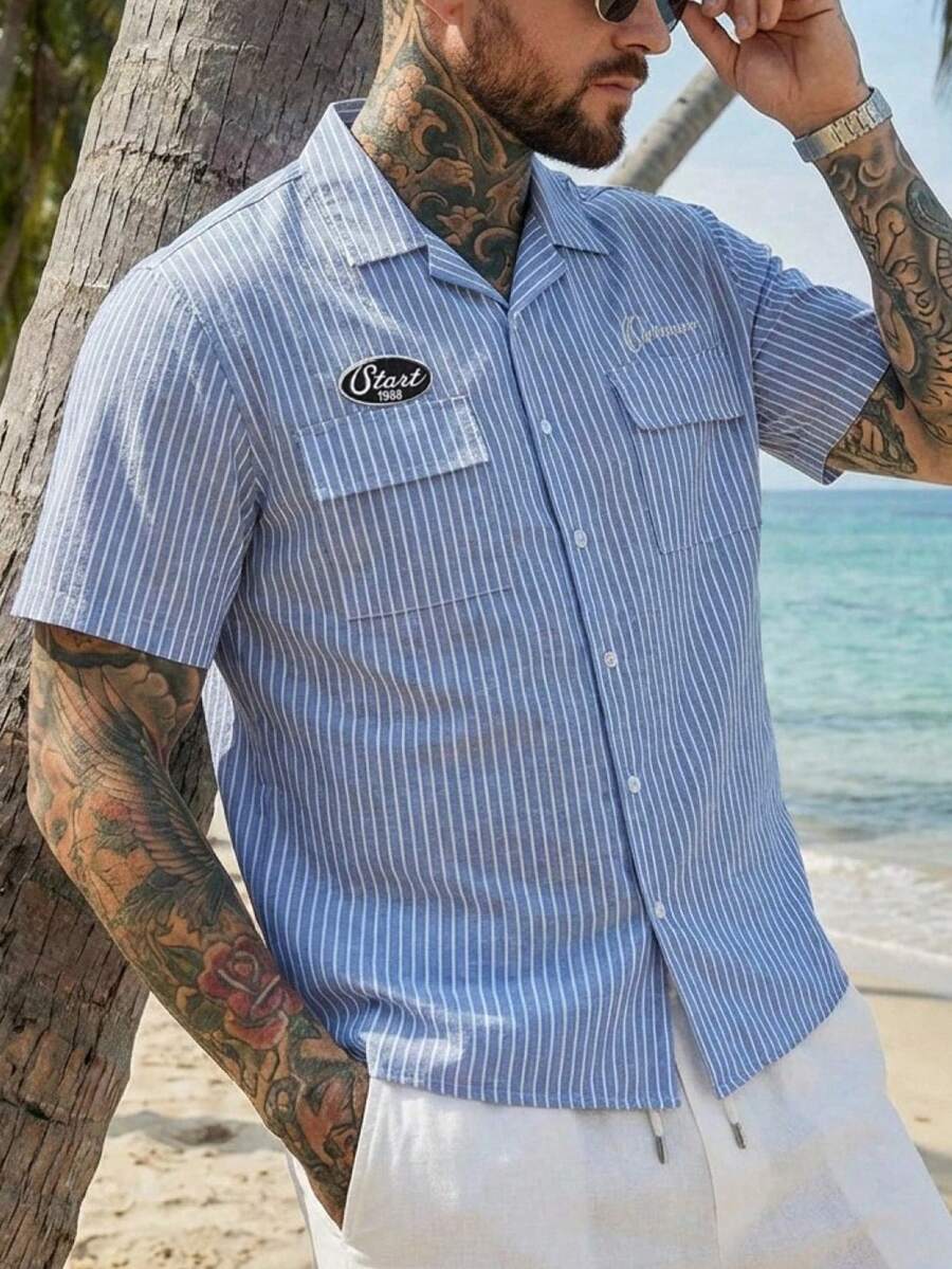 DAZY Men's Blue Striped Short Sleeve Shirt With Letter Embroidery, Summer - Blue - View 1