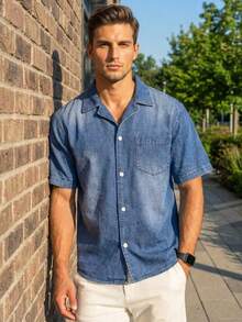 DAZY Washed Blue Denim Short Sleeve Shirt For Men Summer - Blue - View 9