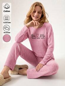 Loomlin 100%Cotton Women's Text Printed Ribbed Tank Top & Shorts Homewear Set - Pink - View 1