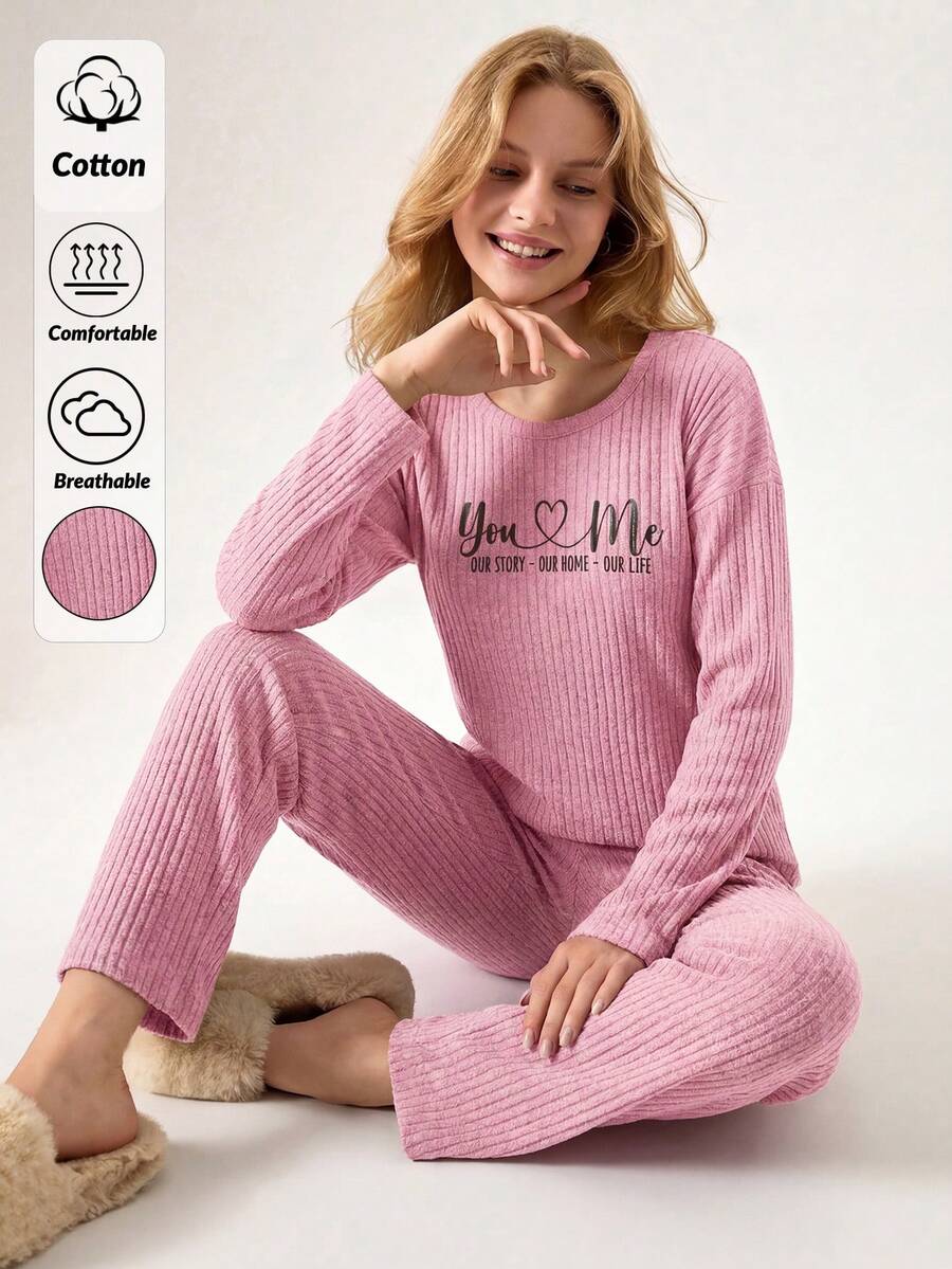 Loomlin 100%Cotton Women's Text Printed Ribbed Tank Top & Shorts Homewear Set - Pink - View 1