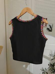 Resyla Chili Pepper Embroidery Design Women's Vest, Fashionable Colorful Shell Trim Camisole Top - Black - View 2
