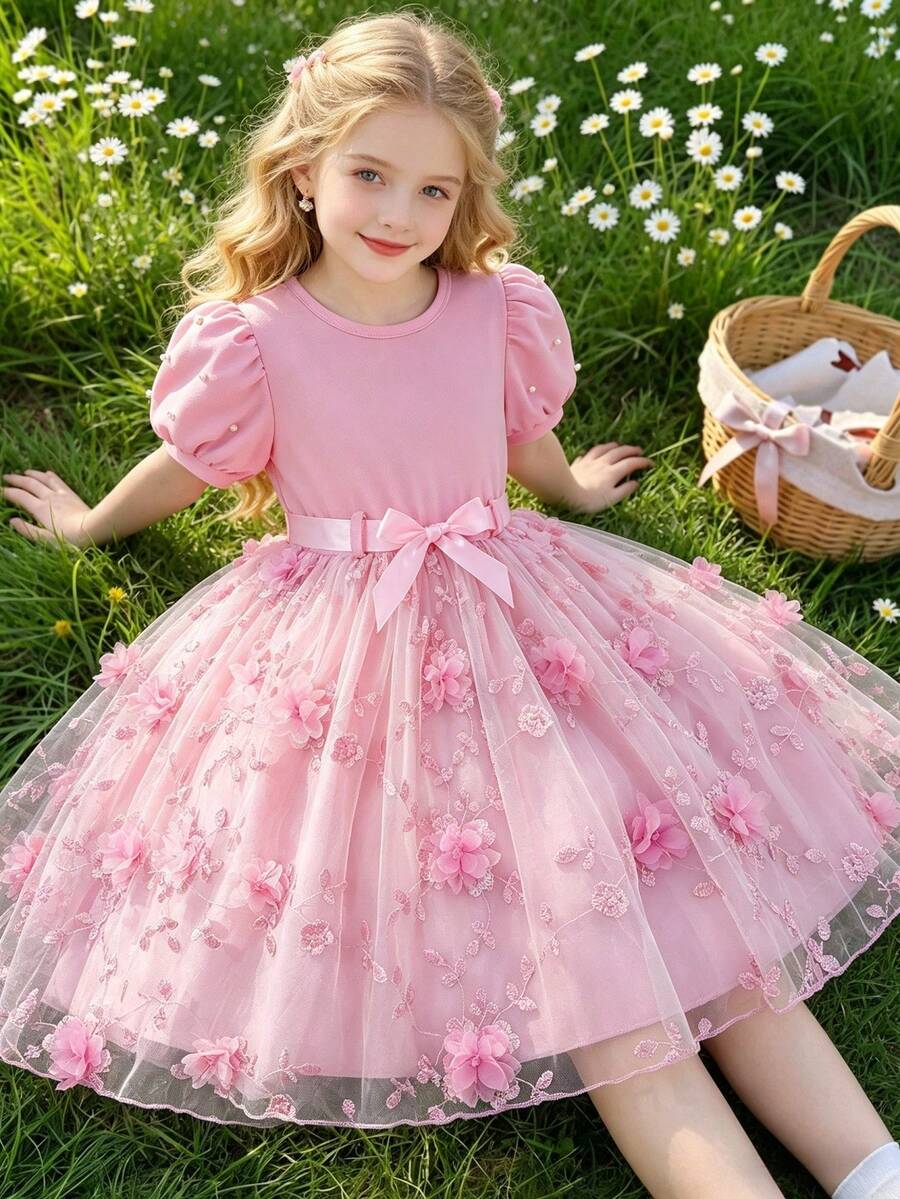 Glamorique Kids 女童珍珠袖3D立体花卉优雅连衣裙，配腰带，夏季