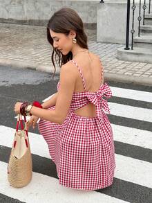 SHEIN Frenchy 女士格子露背系带迷你连衣裙 - 彩色 - 查看 3