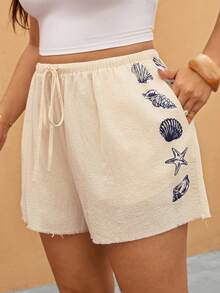 Elaquor Shorts de talla grande para mujer color beige, casual de verano para playa y vacaciones, con estampado de conchas & estrellas de mar, con lazo, bordado, suave y transpirable - Albaricoque - Ver 5