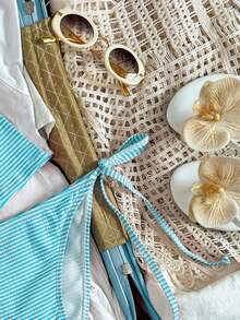 Swim Mod Bộ bikini hai mảnh thanh lịch, ngọt ngào dành cho nữ, thích hợp cho kỳ nghỉ, được trang trí bằng ngọc trai và vỏ sò, chất liệu mềm mại, không gọng. - Màu xanh lam - Xem 7