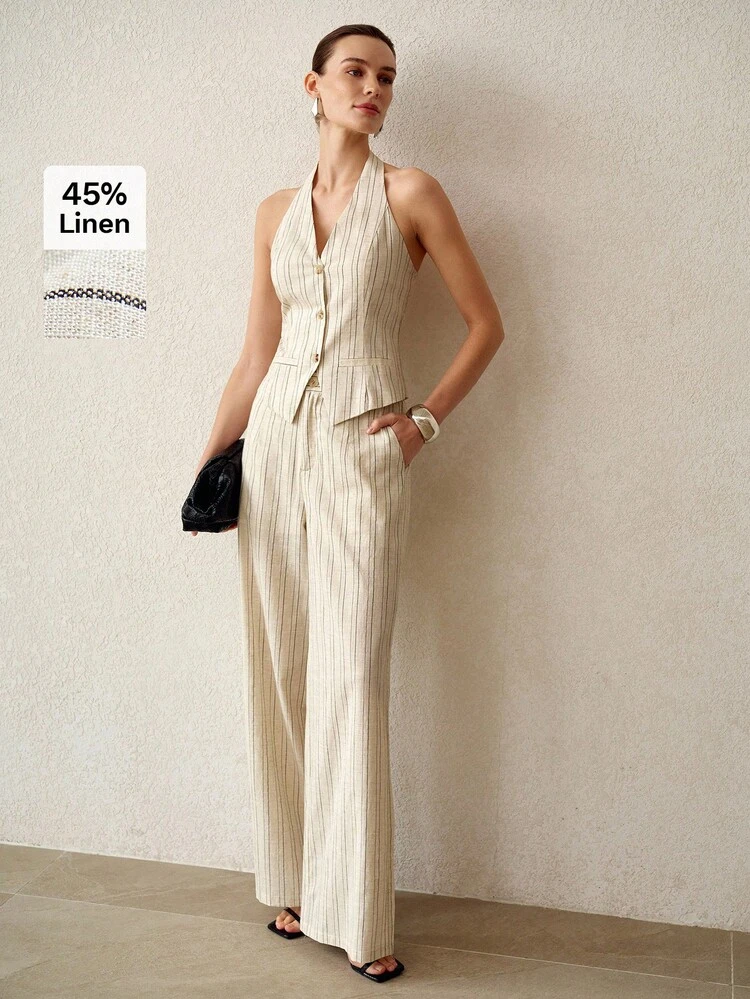 WOMEN'S STRIPED PRINT SLANT POCKET WIDE LEG PANTS