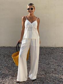 Livesso Conjunto de top de tirantes blanco y pantalones rectos holgados, conjunto de dos piezas de vestir casual de vacaciones, playa y oficina elegante para mujer - Blanco - Ver 6