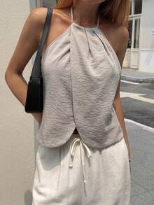 Livesso 春夏露背吊带镂空短款上衣，系带设计，适合音乐节、情人节、婚礼、休闲、海滩等场合，修身腰部设计，女士吊带背心 - 灰色 - 查看 7