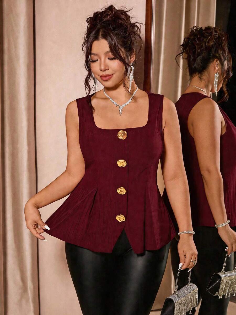 Cravure Áo vest nữ cỡ lớn thanh lịch, cổ bẻ, ôm dáng, không tay với thiết kế cúc kim loại, kiểu dáng tôn dáng, phù hợp cho đi làm hàng ngày, đi chơi, họp mặt và chụp ảnh. - Đỏ - Xem 1
