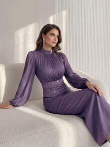 Modelyn Luxury Evening Gown, Stand Collar Long Sleeve Rhinestone Embellished Elegant Formal Dress - Purple - View 4