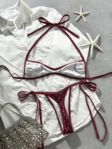 SHEIN Swim Vcay 2-Piece Sequin Textured Halter Bikini Set With Tie Side Bottoms, Sexy Swimsuit For Spring/Summer Beach Vacation - Burgundy - View 2