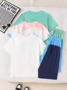 SHEIN Vacaura 6pcs/Set Tween Boy Casual Tie-Dye Palm Tree Pattern Knit Short Sleeve Top And Shorts Set,White And Blue,Summer,Streetwear,Holiday,Vacation,Holiday - Multicolor - View 2