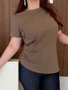 Dazy Plus 春夏宽松休闲时尚Polo领复古奢华大码女式T恤，适合情人节、办公穿着 - 卡其色 - 查看 4