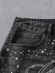 Manfinity Denimwave Quần jean denim ống rộng dáng casual nam đính đá chữ cái - màu đen - Xem 4