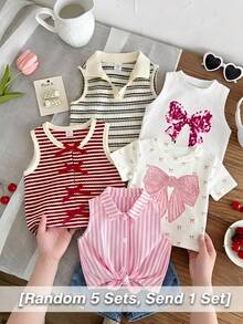 Emery Rose Kids 女童白色背心，饰有粉色蝴蝶结和花卉印花，可爱款式 - 彩色 - 查看 1