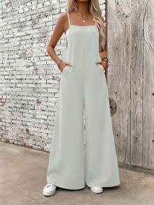 SHEIN LUNE Bộ áo liền quần nữ màu trơn, ống rộng, có túi, kiểu dáng thường ngày. - Xám - Xem 3