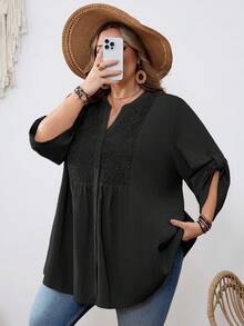 SHEIN CURVE+ Curve Size US22Music Festival, Seaside Vacation, Bohemia Casual Solid Color Lace Patchwork Front Button Loose Blouse - Black - View 5