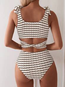 Swim Lushoire Conjunto de top de tanque de cuello redondo sólido con rayas y estampado con lazos en la parte posterior y Bottom de bikini triangular sólido para las vacaciones en la playa de verano - Multicolor - Ver 2