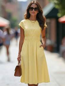 Editum Women's Pale Yellow Summer Casual Brunch Dress,Ruched Waist Flared Solid Color Elegant French Style Retro Country Work Outfits For Wedding Guest - Yellow - View 4
