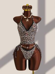 Zestiva 2026 Spring/Summer New Sexy Tropical Leopard Print Lace Trim Halter Neck Tie Bikini Two Pieces Swimwear Beach Vacation Brown - Multicolor - View 4