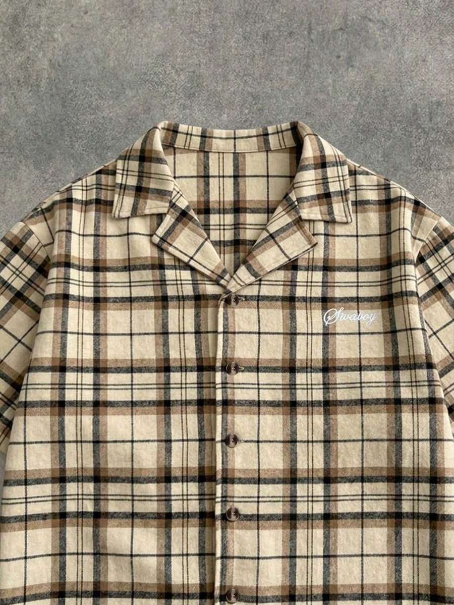 SWAVVY Men's Plaid Print 2 In 1 Long Sleeve Single-Breasted Shirt - Khaki - View 1