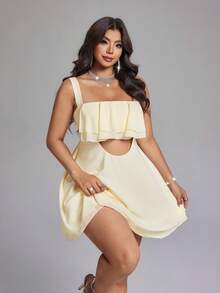 Viva Relle 夏季雪纺荷叶边镂空方领无袖连衣裙，休闲日常穿着，派对及活动礼服 - 淡黃色 - 查看 5