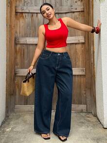 Dazy Plus Plus Size Women's Casual Solid Color Washed Slim Straight Leg Jeans - Navy Blue - View 5