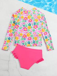 SHEIN 少女碎花比基尼套装，长袖针织面料泳装，可爱粉色花朵图案，时尚休闲优雅泳装，适合游泳、海滩、泳池、夏季度假等场合。 - 玫紅色 - 查看 3