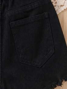 SHEIN Young Girl Ripped Denim Shorts, Kid Spring And Summer Casual Vacation Country Boho Wear, Beach For Kid Girls, Western Street Wear For Girl, Spring Break , Rave Festival Denim Shorts - Black - View 4