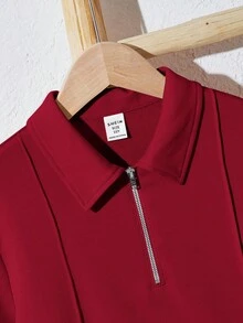 SHEIN 2件套 青少年男童宽松休闲翻领纯色针织短袖Polo衫和短裤 - 酒紅色 - 查看 3