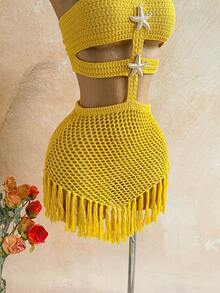 Soleia 新款度假风露背系带镂空海星流苏下摆修身迷你针织连衣裙，波西米亚风，度假风，复古风，假日风，海滩风，邮轮风 - 黃色 - 查看 6