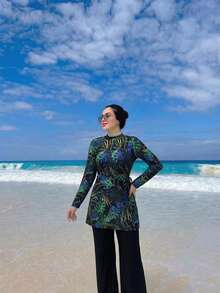 Swim Mulvari Women's Middle Eastern Style 2-Piece Burkinis Set,Floral Print Long Sleeve Dress,Straight Leg Pants,Modest Summer Beach Holiday Navy Blue Swimwear - Multicolor - View 10