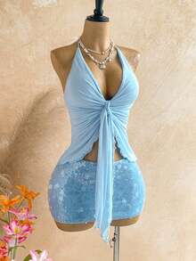 Soleia New Y2K Floral Print Front Tie Fashionable Halter Neck Camisole For Women,Summer Top - Blue - View 7