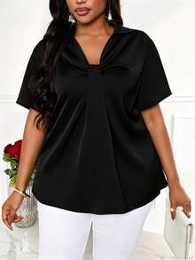 Villa Velisse Elegant Commuter Collared Design Plus Size Women Short Sleeve Blouse - Black - View 4
