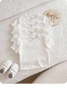 SHEINKids 四件套：女婴可爱罗纹波浪下摆短袖上衣，夏季“Babygirl”设计，买一送三 - 白色 - 查看 5