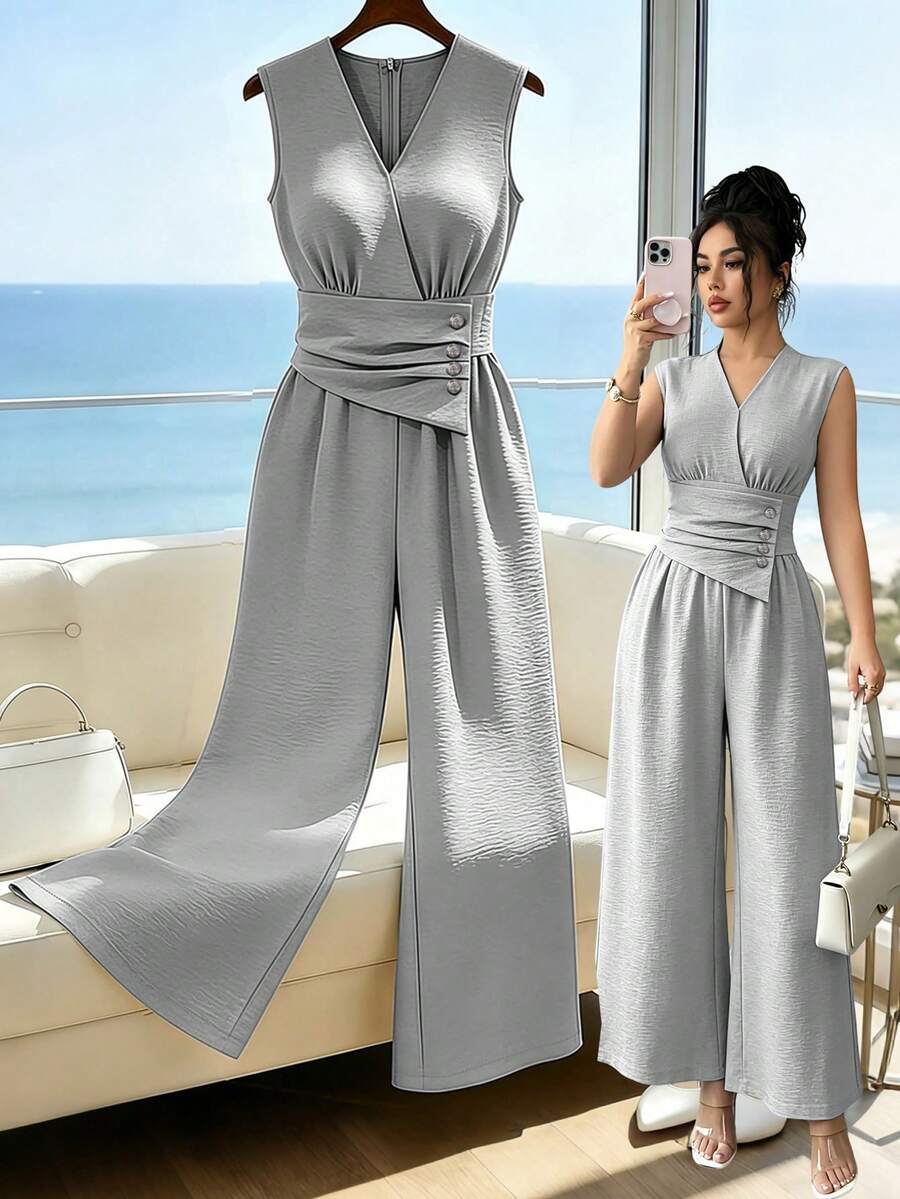 SHEIN Elenzya 女士浅灰色V领无袖褶皱金属手工缝制纽扣奢华高端小众设计拼接通勤阔腿连体裤 - 淺灰色 - 查看 1