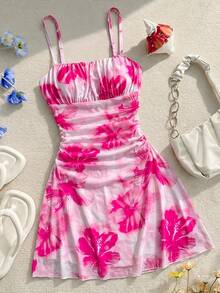 SHEIN 少女休闲度假印花褶皱胸部吊带连衣裙，夏季 - 粉色 - 查看 1